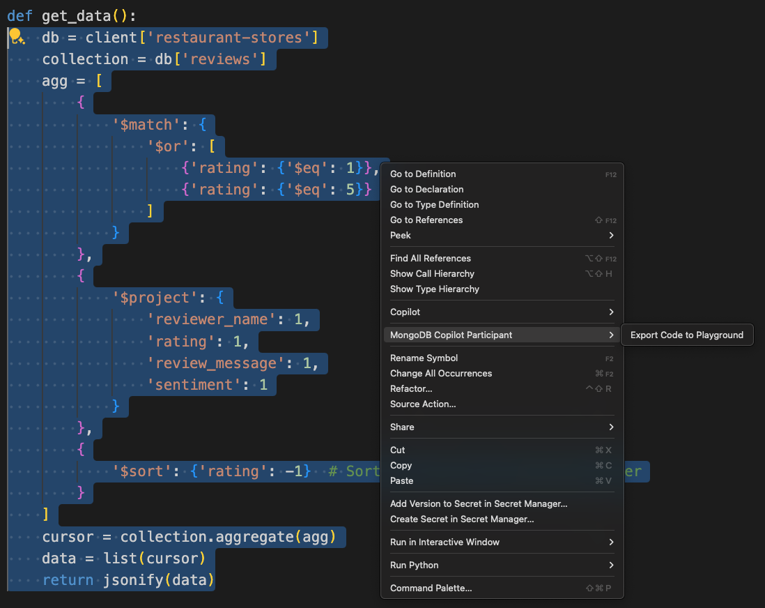 Screenshot of the export code to playground menu option.